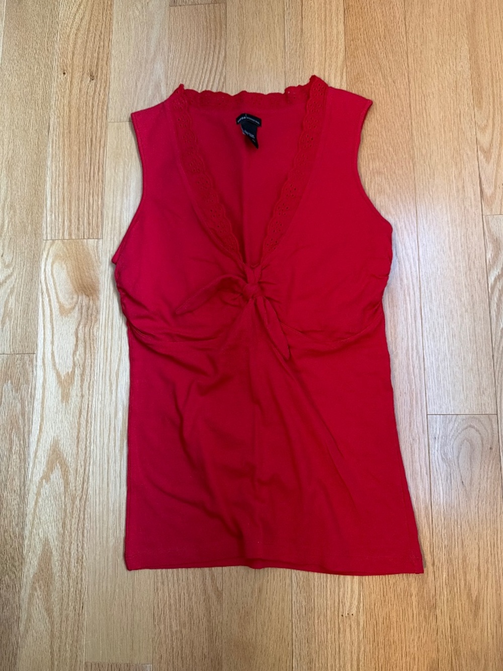 Red Eyelet Trim Cotton Stretch Tank with Bow - medium